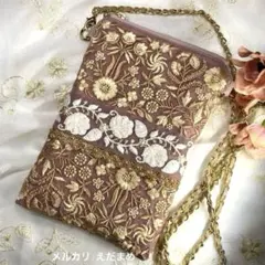 スマホショルダー スマホポシェット サコッシュ インド刺繍リボン くすみピンク花