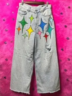 リメイク ペイントパンツ ホワイト ワイドパンツ Y2K グランジ アート