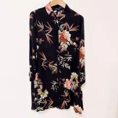 ZARA WOMAN 和花柄 長袖シャツ 黒 サイズusa M Aライン