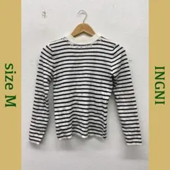 ボトルネック ビジュー付 ボーダーリブニットセーター 白黒 モノトーン