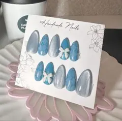 ブルー チェック×シルバー×リボン マグネットネイルチップ オーバル