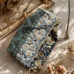 インド刺繍リボン　スマホショルダー　グリーン系　ポシェット　インド刺繍生地のサムネイル