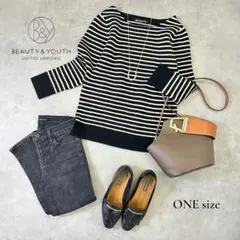 【BEAUTY&YOUTH】ウール100% ボーダーニット 黒系 ボートネック