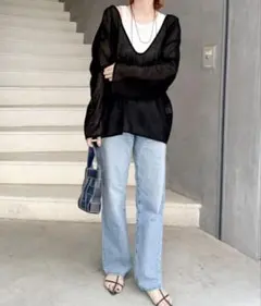 sayo×クラシカルエルフコラボ Uネックオーバーサイズメッシュトップス
