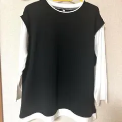 七分袖カットソーTシャツ 重ね着風　4L ブラック/ホワイト　ジム