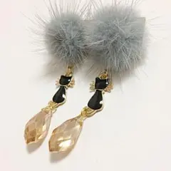 ミンクファー×黒猫 ピアスno.148