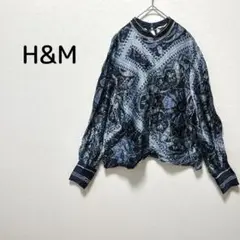 H&M ペイズリー柄 ブラウス ネイビー バルーン袖 光沢 ビスコース L〜XL