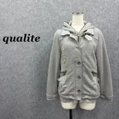 qualite ラメ異素材ジップパーカー グレー ゴールドラメ レディース