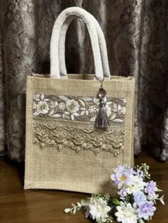 インド刺繍 ジュートバッグ ピンクリーフ タッセル付き インド刺繍  