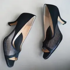 未使用級極美品♡銀座かねまつ 本革オープントゥ メッシュハイヒール 黒 23cm