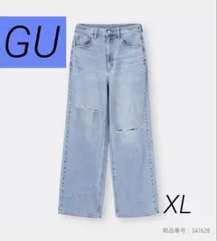 ハイウエストデニムワイドジーンズ GU ジーユー ライトブルーダメージデニム