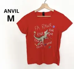 ANVIL 恐竜プリント 半袖Tシャツ【M】赤　トップス　海外古着