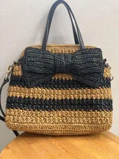 美品 ケイトスペード　かごバッグ ストローバッグ ボーダー リボン