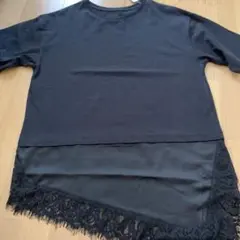 人気アイテム黒 レース裾 半袖Tシャツ