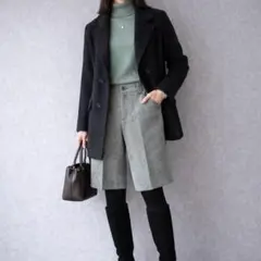 プーラフリーム［M］上品ナチュラル◎ウールブレンド◎ツイード調タックハーフパンツ