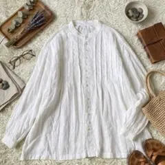 furali ピンタック バンドカラー リネン シャツ ブラウス 麻 長袖