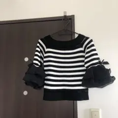 ストライプフリルニット 五分袖