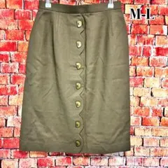 美品☆ウール100% ひざ丈　タイトスカート　デザインボタン　ブラウン　M-L