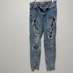 トップショップ ダメージ デニム パンツ 裾細身 無地 W24 青 綿のサムネイル