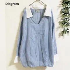 ダイアグラム ストライプシャツ M 青白　スキッパー　コットン混　爽やか　綺麗め