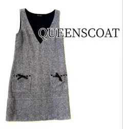 クイーンズコート ツイードニットワンピース Vネック 黒リボン　レイヤードに