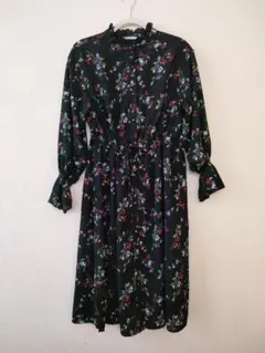 ウエストドロスト　フリルネック　フラワー　2way　ロングワンピース