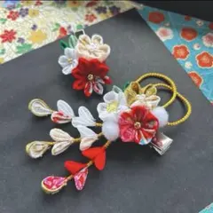 D25-47 赤　ゴールド　髪飾りセット　ヘア　七五三　お正月　ひな祭り　成人式
