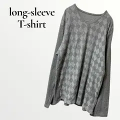メンズ Tシャツ カットソー Vネック グレー アーガイル 長袖 【L】 ロンT