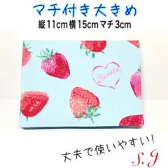 移動ポケット　イチゴ柄　水色　女の子　マチ付き　大きめ