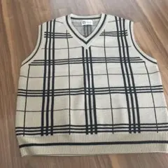 アイボリー チェック柄 Vネック ニットベスト
