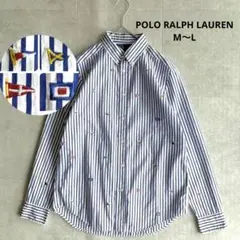 【希少】ポロラルフローレン ストライプシャツ ロゴ 国旗 刺繍 ブルー L