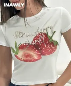 INAWLY ストロベリー ラインストーン 半袖Tシャツ いちご