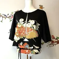 美品 シセンドウ 詩仙堂 ブラウス ノースリーブ 黒 ブラック ちりめん 