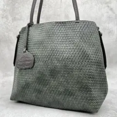 【良品】OSAM 大容量 トートバッグ A4収納可能 編み込み調 レザー 緑色のサムネイル