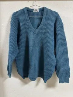 美品/Vネック ニットセーター 青 クリーニング済 ウィメンズ フリーサイズ