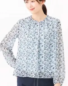 MK MICHEL KLEIN ギャザーフリルネック花柄シフォンブラウス