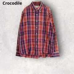 クロコダイル　長袖シャツ　チェック柄　L コットン100% カジュアル　赤×青