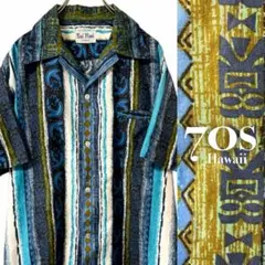 70sヴィンテージ アロハ ハワイアンシャツ 総柄 ストライプ ティキ柄 古着