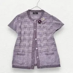 半袖花柄刺繍ニットカーディガン　パープル　M-L 春秋