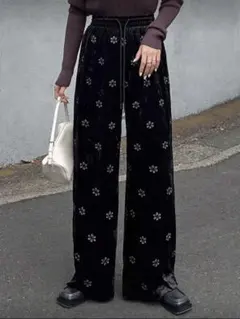 【新品未使用】小花柄刺繍 ベロア ベルベットカジュアルパンツ FRIFUL