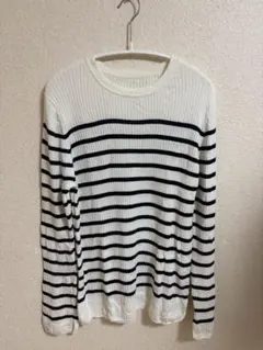 ホワイト/ネイビー ボーダー　リブ編みセーター L