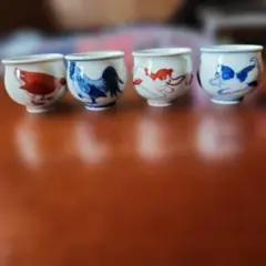 有田焼源右衛門　鶏と犬の絵柄 陶器 ぐい飲み 4個