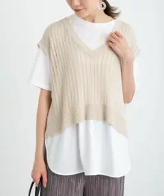 【2つセット】透かしニットベスト+白Tシャツ　アースミュージックアンドエコロジー