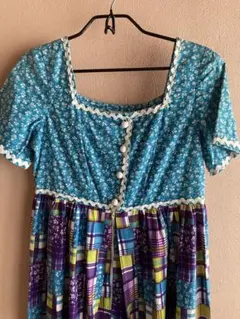vintage★70s 小花×チェックパッチワーク柄ワンピース USA