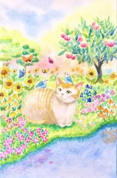 momorin水彩画 花の小舟と猫さんと小鳥さん 値段は※900円です momorin様専用水彩画 花の小舟と猫さんと小鳥さん 値段は※900円です