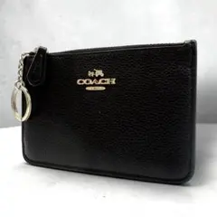 美品 コーチ コインケース ミニ財布　キーリング付き ブラック　レザー　シボ革