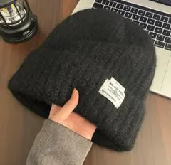 ニット帽 ブラック ふわふわ ビーニー 韓国 シンプル ユニセックス 秋冬 防寒