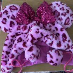 ミッキー耳付きピンクヒョウ柄帽子