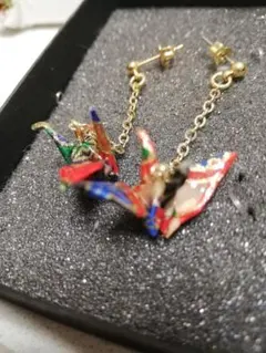 新品友禅和紙折鶴ピアス