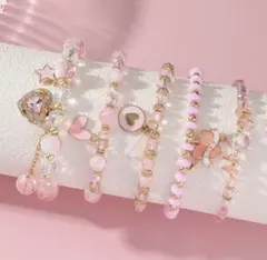 ピンク ビーズ ハートモチーフ ブレスレット5個セット